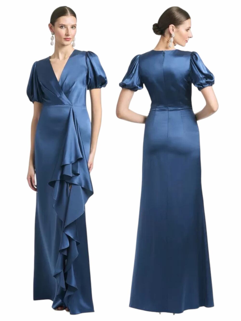 Sachin and Babi Mila Satin Crepe Ruffle Gown Dress Indigo Blue Size 8